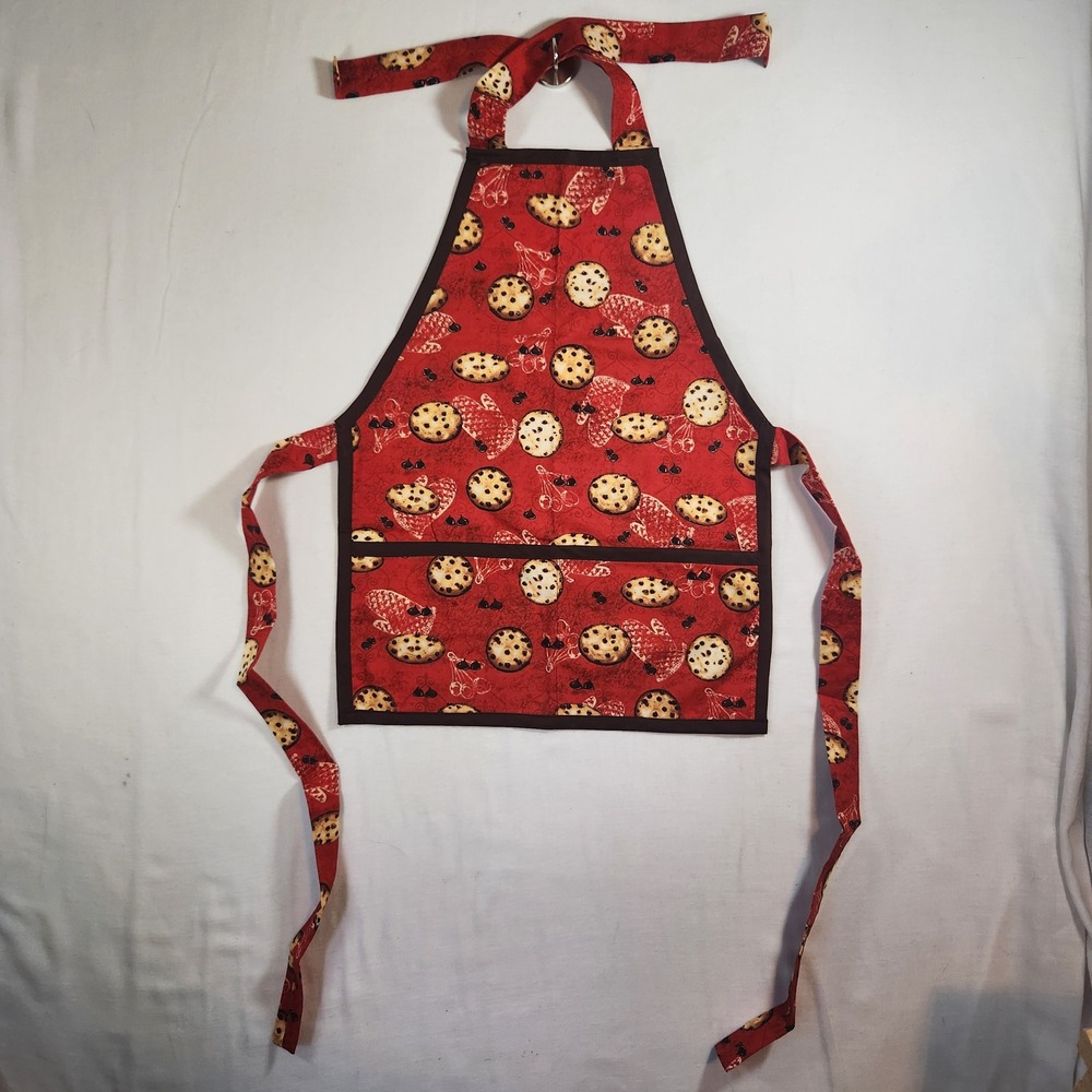 Handmade Chocolate Chip Cookie Print Baking Apron Red Brown Kitchen Bib Pocket